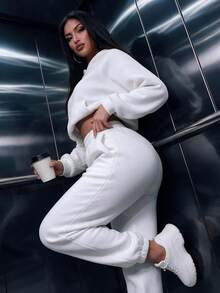 2pcs Women's Casual Fleece Pocket Short Hoodie And Jogger Pants Set, Suitable For Daily Wear, Autumn/Winter, Women's Set, 2 Pieces, White - White - View 6