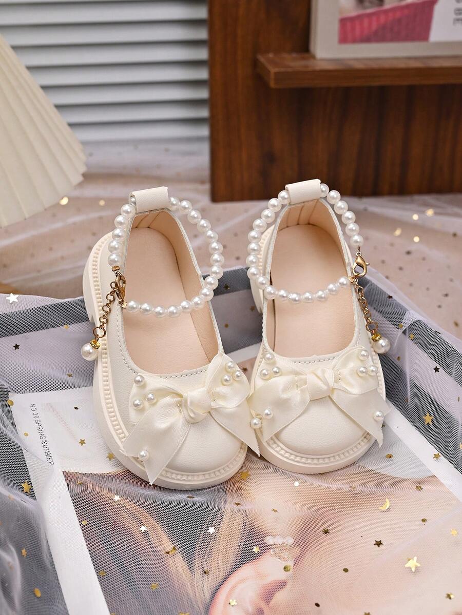 Girls' Bow & Pearl Anklet Decor Mary Jane Shoes, Princess Shoes, Birthday Party Dress Performance Versatile Shoes - Beige - View 1
