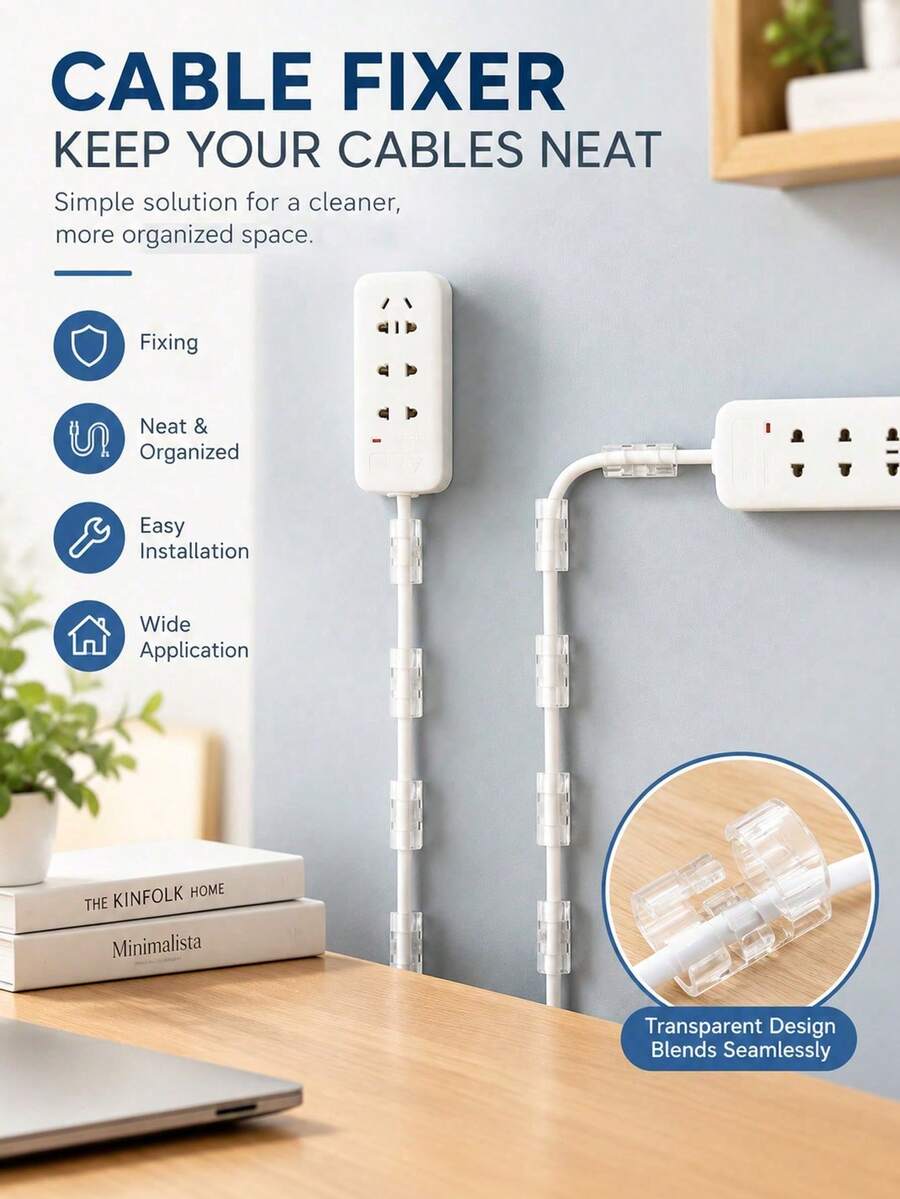 10/30/50/100pcs Transparent Self-Adhesive Cable Clips, No-Drill Wire Organizers, For Cable Management And Fixing, Suitable For Home, Office, Bedside Table, Desk, Wall, Car And Home Office Scenarios, Applicable For USB Cables, Power Cords And Ethernet Cables
