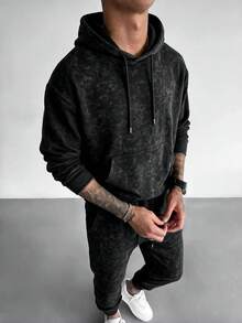 Vintage Washed Distressed Hoodie & Jogger Sweatpants 2 Pieces Set For Men, Casual Daily Wear - Black - View 3