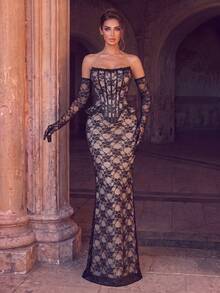 Dramatic Strapless Lace Overlay Evening Gown With Boned Bodice, Back Slit And Matching Gloves, Suitable For Banquets, Galas, Charity Balls And Award Ceremonies - Black - View 5