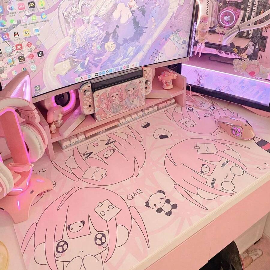 Cute Pink Cartoon Girl PU Leather Desk Mat, Japanese Anime Girl Large Mouse Pad, Waterproof Non-Slip Desktop Protector, Aesthetic Pink Gaming Desk Decor, Suitable For Girls' Bedroom And Study - View 1