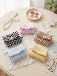 1pc Checkered Quilted Earbud Carrying Bag Multi-Use Small Fabric Pouch With Keychain Ring Girly Earphone Case Cute Mini Storage Bag For Tiny Items - Multicolor - View 2