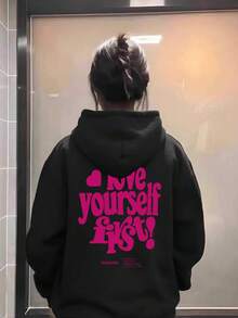 Sweet Cool Style Pink Heart English Slogan Back Print Hooded Sweatshirt Casual Loose Drop Shoulder Black Q Autumn Top - Black - View 9