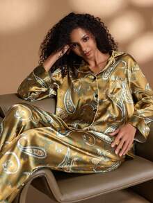 2pcs Women's Lapel Long Sleeve Top And Pants Pajama Set, Cashew Flower Print - Olive Green - View 5