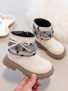 1 Pair Girls' Thermal Lined Vintage Ankle Boots, Lace Bow Decor Princess Boots, Suitable For Autumn/Winter Fashion Outfits - Beige - View 1