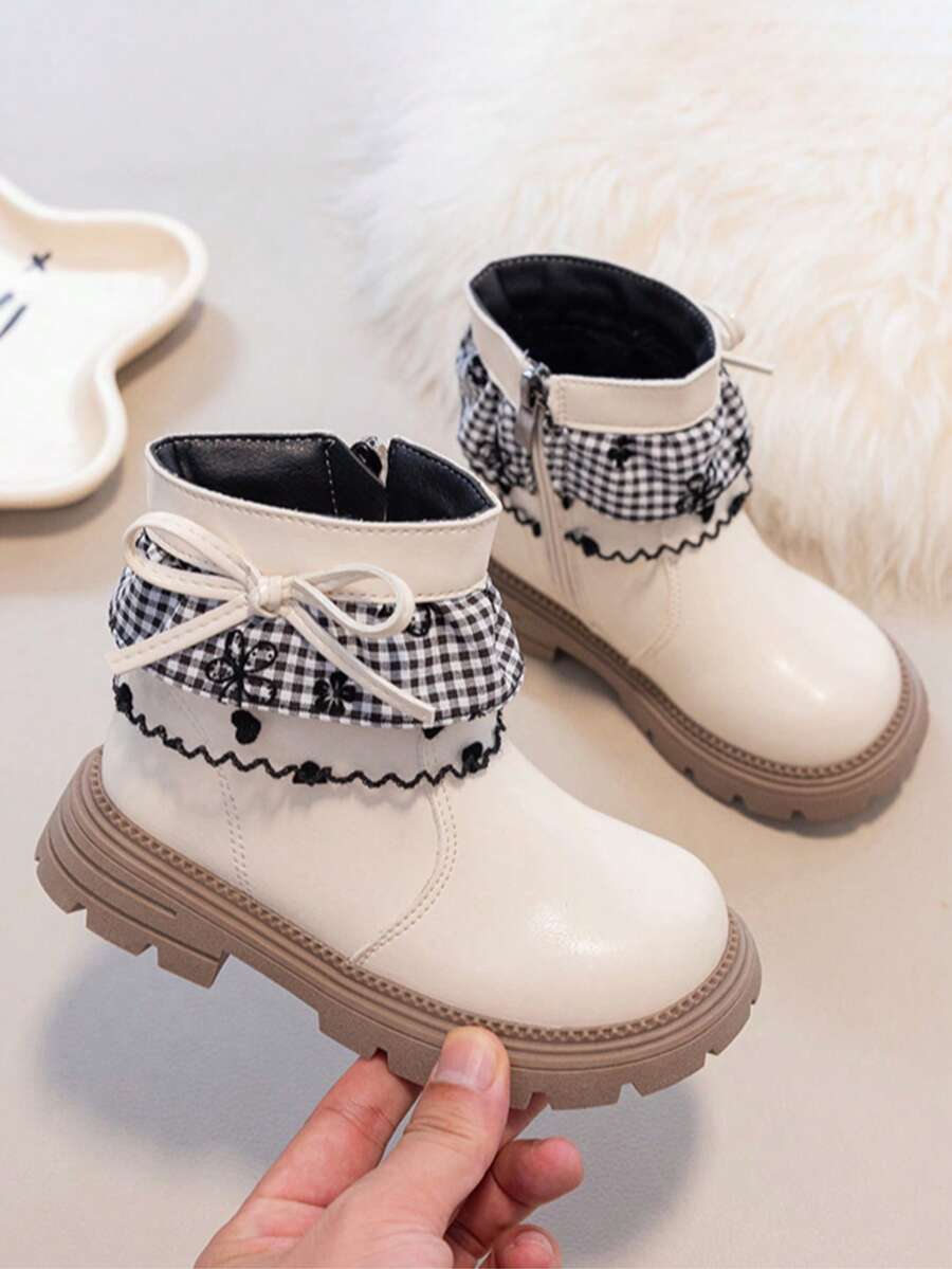 1 Pair Girls' Thermal Lined Vintage Ankle Boots, Lace Bow Decor Princess Boots, Suitable For Autumn/Winter Fashion Outfits - Beige - View 1