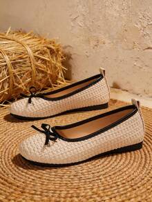 1 Pair Women's Round Toe Bow Decor Woven Flat Shoes, Slip‑On Casual Ballet Flats - White - View 8