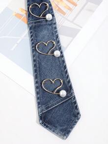 1PC Fashion Unisex Denim Style Faux Pearl Heart Decor No-Tie Denim Necktie Suitable For Daily Wear, Shopping, Campus, Party - Blue - View 4