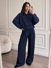 Women's Autumn Navy Blue Frog Button Zipper Batwing Sleeve Jacket + Wide Leg Pants 2pcs Set, Loose Minimalist New Chinese Style Outfit For Casual Daily Wear - Navy Blue - View 2