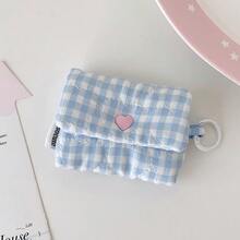 1pc Sweet Plaid Earphone Storage Pouch Heart Quilted Lipstick Bag Lightweight Earbud Holder Bag With Key Ring Portable Mini Coin Purse & Earbud Case - Multicolor - View 12