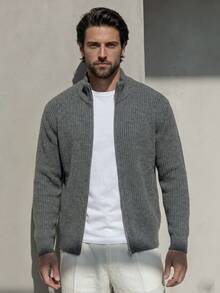 Men's Casual Versatile Minimalist Fashionable Stand Collar Ribbed Zip-Up Long Sleeve Cardigan Sweater Jacket Turn Collar Knit Top Autumn/Winter - Grey - View 1
