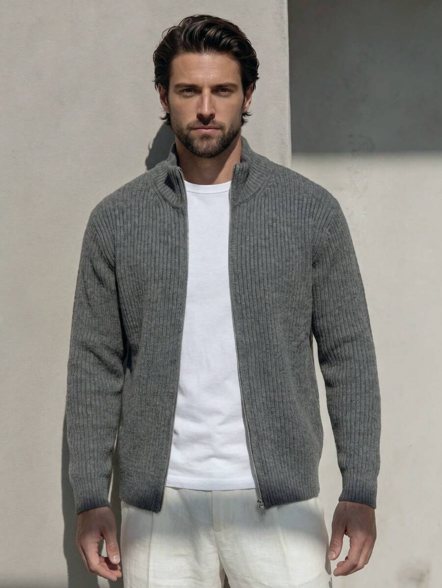 Men's Casual Versatile Minimalist Fashionable Stand Collar Ribbed Zip-Up Long Sleeve Cardigan Sweater Jacket Turn Collar Knit Top Autumn/Winter - Grey - View 1