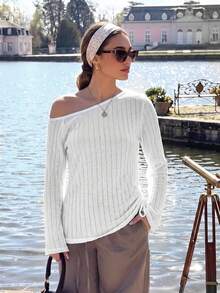 Korean Style Sweet Loose Casual Hollow Side Drawstring Design Minimalist Knit Sweater Top - White - View 6