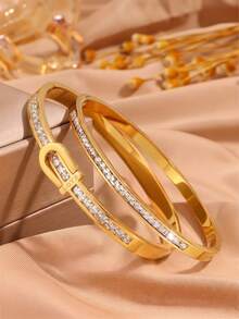 2pcs Gold Tone Stainless Steel Bracelets, Pave Rectangular Zirconia, Shiny Transparent, Exquisite Eye-Catching Wrist Accessory - Gold - View 2