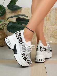 Women Platform Sneakers, Lace Up, Wedge Sole, Low Top Design - White - View 3