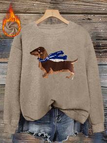 Dachshund Pattern Christmas Atmosphere Women's Pullover Knit Sweater, Costumes For Women Christmas, Winter Outfits, Red, New Year, Thanksgiving, Funny Vintage Christmas Sweater - Camel - View 4
