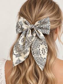 1pc Satin Paisley Bow Ribbon Hair Clip, Daily Wear, Paisley Pattern, Casual, Polyester, All Seasons - Beige - View 1