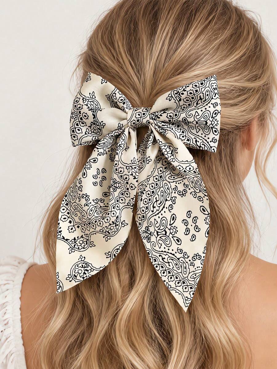 1pc Satin Paisley Bow Ribbon Hair Clip, Daily Wear, Paisley Pattern, Casual, Polyester, All Seasons - Beige - View 1