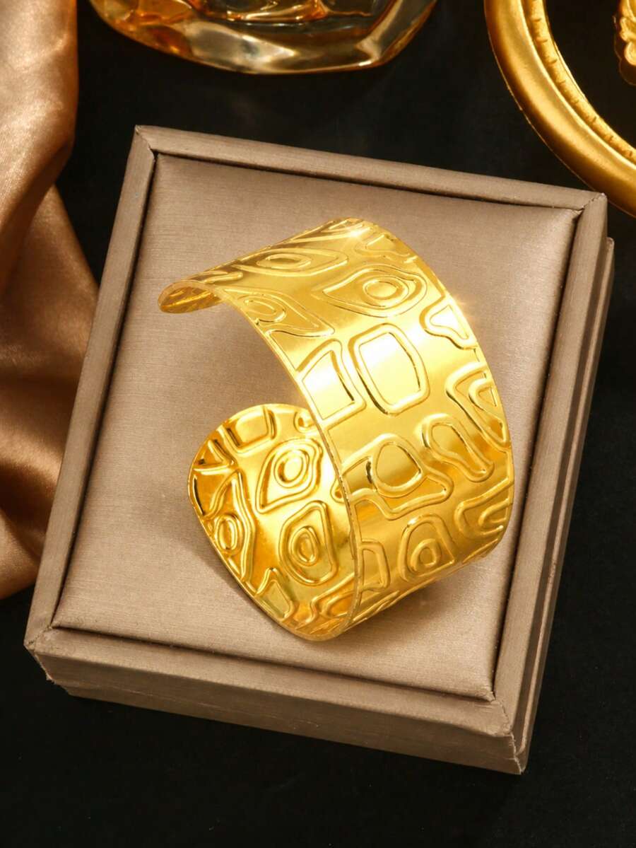 VceTd 1件時尚誇張不鏽鋼手鍊,附非對稱紋理裝飾,適合女性日常穿搭或時尚街頭風格 - 金黃色 - 查看 1