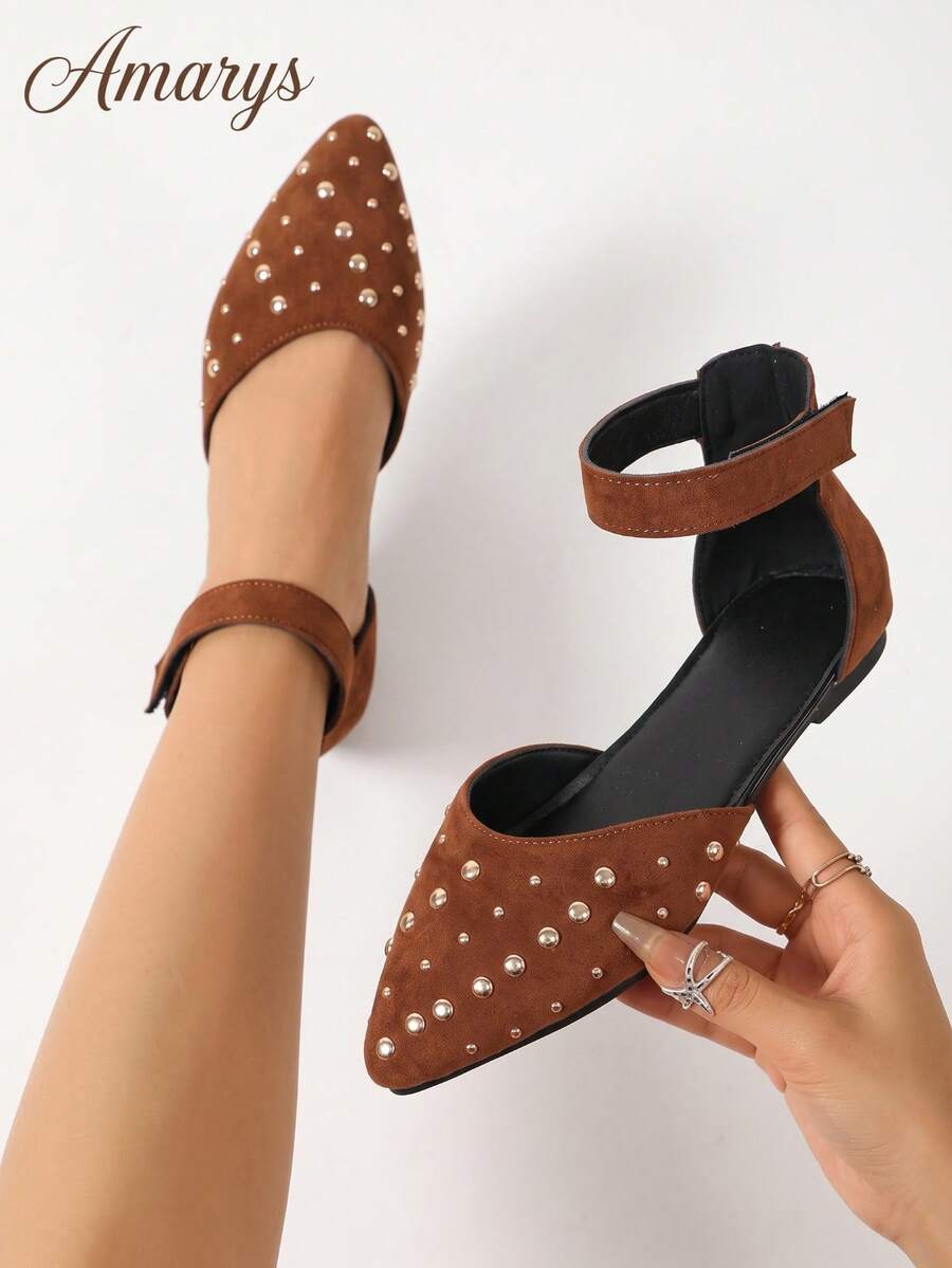 1 Pair Women's Flat Pointed-Toe Loafers, Vintage Style, Metal Rivet Decor, Hook And Loop Ankle Strap, Hollow Trim, Commuter Shoes - Rust Brown - View 1