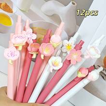 Cute Floral Gel Pen Set For Women, Pink Flower Ballpoint Pens, Kawaii Aesthetic Decorative Black Ink Pens, Fun Stationery Desk Accessories - A - View 9