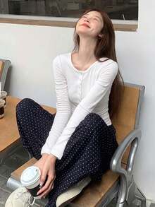 韓式甜辣風粉色女款長袖T恤 秋冬半開領修身顯瘦內搭打底上衣 - 白色 - 查看 5