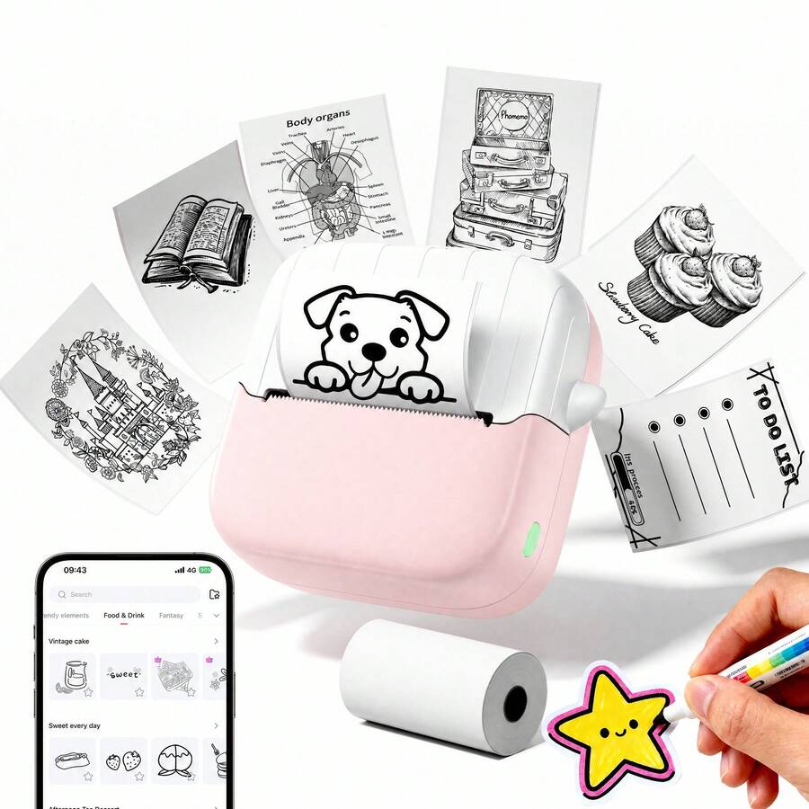 Phomemo Mini Printer, A022 Wireless Thermal Sticker Maker, Includes 1 Roll Of Printing Paper, Pocket Printer For Phone, Suitable For Notes, Cards, Diaries, DIY, Compatible With IOS And Android - Pink - View 1