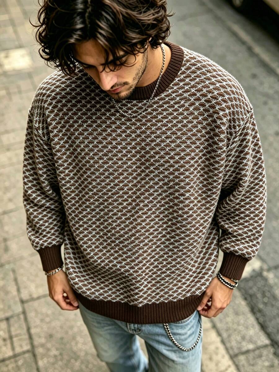 Sweater Rajut Pullover Kasual Vintage Serbaguna Motif Garis Houndstooth Geometris Berlian untuk Pria Musim Gugur/Dingin