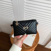 Girls Sweet Heart Metal Decor Shoulder Bag V-Quilted Mini Crossbody Bag Gold Chain Coin Purse Kids Outing Accessory Bag - A - View 7