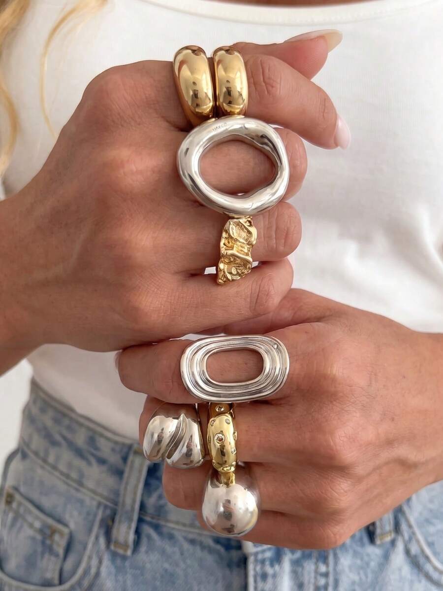 8pcs Asymmetrical Geometric Hollow Round Line Rings - Multicolor - View 1