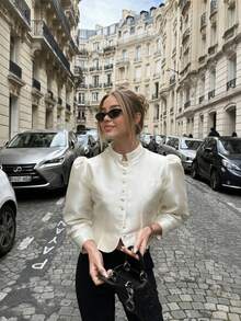 Women's Spring Fall White Woven Stand Collar Puff Sleeve Button Front Cropped Blouse, Elegant Office Daily Date Night Party Vacation Travel Wear - White - View 2