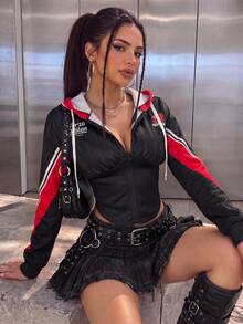 Women's Letter Graphic Casual Hooded Drawstring Long Sleeve Zip Up Sweatshirt For Daily Fall&Winter - Black and Red - View 1