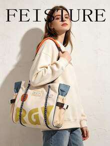 1 pieza Bolso de lona grande con capacidad y estampado de letras coloridas FEISTURE, adecuado para niñas, mujeres, estudiantes universitarios, trabajadores de oficina, excelente para trabajo, negocios, ir y venir, escuela - Blanco - Ver 1