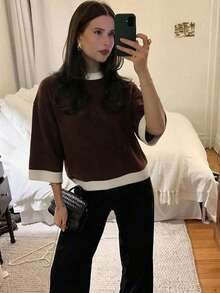 SEREN Fashion Women's Knit Colorblock Pullover, Short Sleeve Regular Fit Sweater, Versatile Layering Piece For Autumn - Coffee Brown - View 5