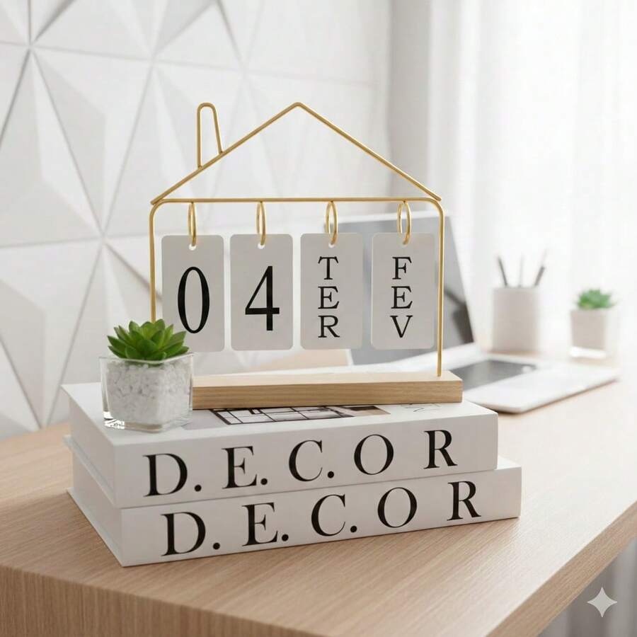 Calendário de Mesa Decorativo com Plaquinhas Preto/Dourado Permanente Escritório