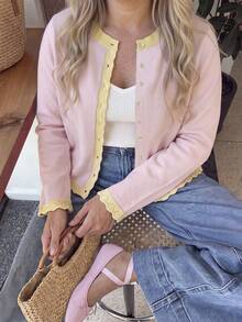 Plus Size Women's Autumn Outfit, Casual Pink Long Sleeve Cardigan Sweater, Yellow Ruffle Hem, Front Button Closure, Suitable For Back To School - Pink - View 10