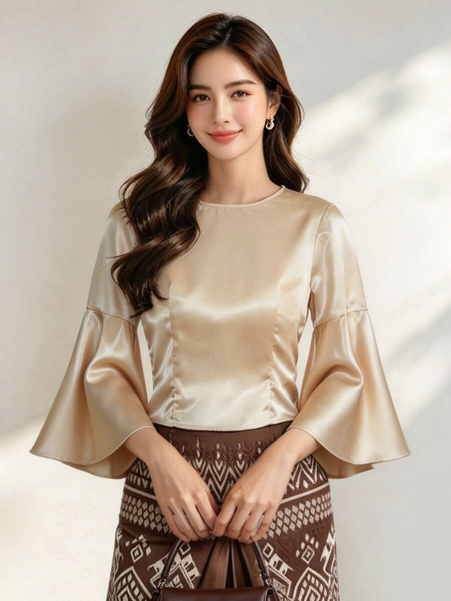 1pc Solid Color Ruffled/Flounce Trim Women's Top - Champagne - View 1
