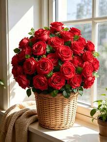 40pcs Artificial Rose Bouquet, Silk Faux Flowers, Realistic Long Stem Rose Bouquet, Suitable For Wedding Decor, Bridal Shower Centerpiece, Floral Arrangement, Party Home Dining Table Decor, Birthday Decor, Wedding Decor, Christmas Decor, Valentine's Day, Christmas, Thanksgiving Decor, Birthday Gift, Anniversary Decor. - Red - View 6