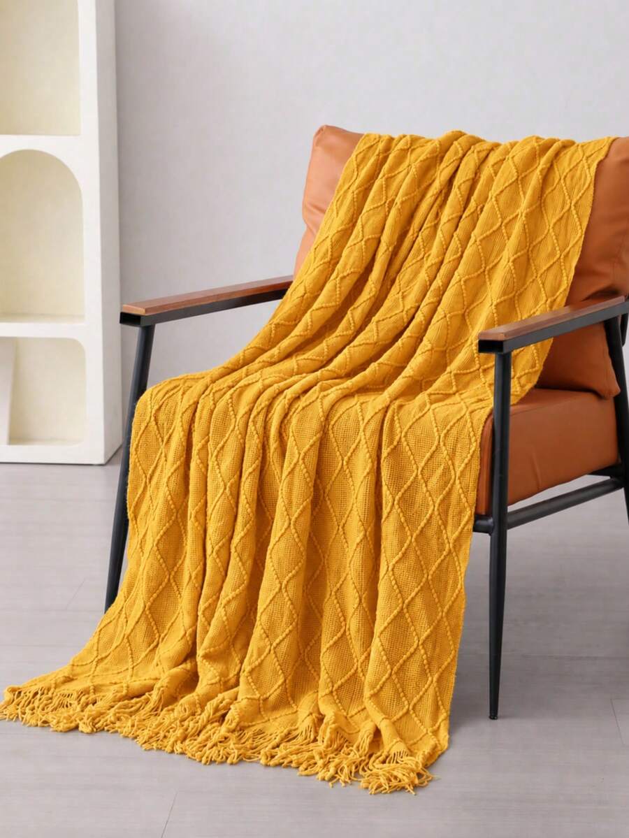 1pc Luxury Mustard Yellow Knitted Throw Blanket With Tassel Details - Scandinavian Style, Reversible, Suitable For All Seasons, Easy To Clean, Geometric Pattern, Ideal Holiday Gift, Cozy Home Decor Geometric Pattern Throw Blanket - Yellow - View 1