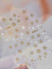 1 Sheet 3D Snowflake Metal Nail Stickers Gold & White Winter Snow Pattern Self-Adhesive Nail Art Decals, Christmas Winter DIY Manicure Decorations - Gold - View 5