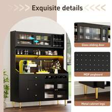Flieks Highboard With Adjustable Shelves & LED Lights, Freestanding Storage Unit For Living Room Kitchen Dining, Tall Cabinet With Wine Rack, Dimensions 145x39x171cm - Black - View 7