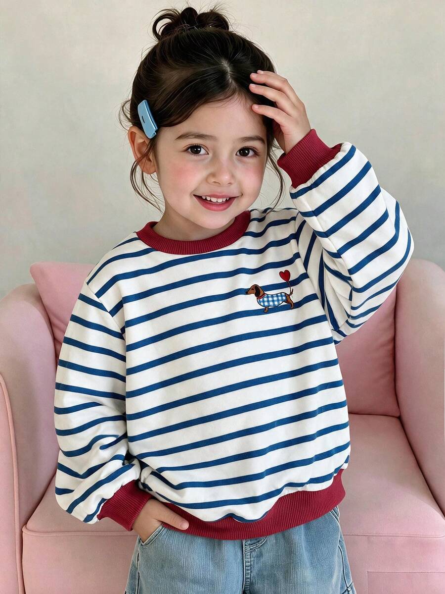 Áo nỉ cổ tròn tay dài cho bé gái màu xanh navy họa tiết sọc in, thêu chó Dachshund và trái tim màu đỏ rượu vang tương phản, phong cách cho mùa Thu/Đông, Halloween và Giáng Sinh - Màu xanh lam - Xem 1