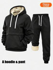 Men's Autumn/Winter Casual Sports Set, Thermal Lined Thick Hooded Sweatshirt + Thermal Lined Jogger Pants 2 Pieces Set, Winter Cold-Resistant Outdoor Men's Outfit - Black - View 1