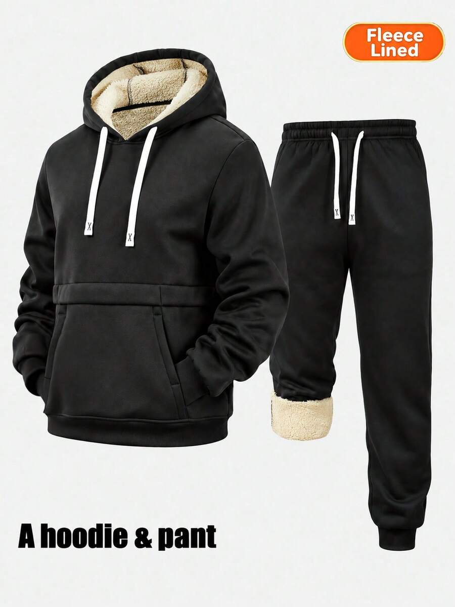 Men's Autumn/Winter Casual Sports Set, Thermal Lined Thick Hooded Sweatshirt + Thermal Lined Jogger Pants 2 Pieces Set, Winter Cold-Resistant Outdoor Men's Outfit - Black - View 1