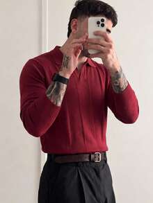 男士經典深色圖案正肩飛機領長袖針織衫，秋冬款 - 酒紅色 - 查看 6