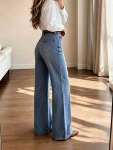 Women's Straight Leg Jeans, Long Inseam, Button Detail, Medium Stretch Fabric, Ideal For Spring Outfits, Casual Style - Medium Wash - View 5