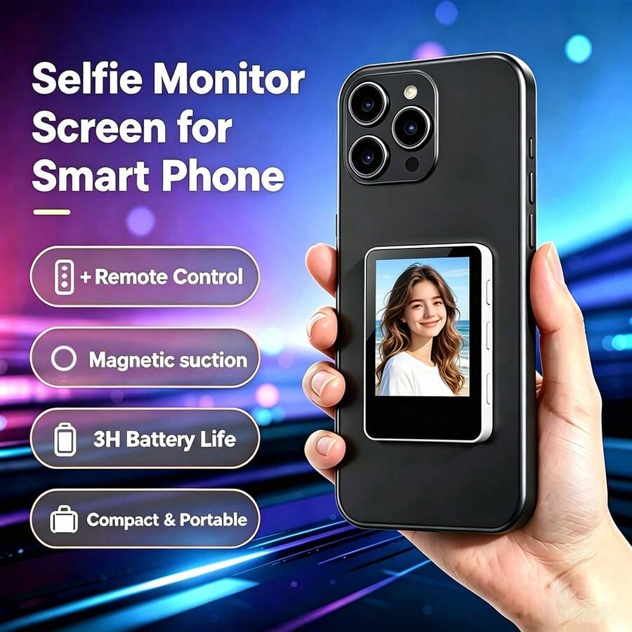 Magnetic Selfie Screen Mirror, Selfie Remote Control Assistant, Rear Camera Selfie Viewfinder, Wireless Real-Time Preview Vlog Monitor, One-Click Focus Adjustment, Magnetic Ring Included, Compatible With Various Smartphones - View 1