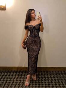 ADYCE Elegant Open Shoulder Lace Corset High Waist Backless Lace-Up Midi Party Evening Dress Fall Wedding Black - Black - View 4