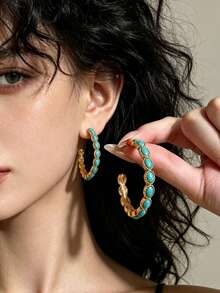 1 Pair Geometric Oval Faux Turquoise Hoop Earrings For Women - Multicolor - View 6